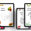 Digital coloring book pages for kids featuring apple, papaya, fig, and avocado illustrations on tablets.