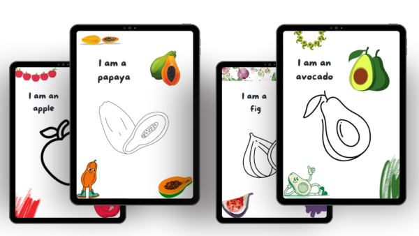 Digital coloring book pages for kids featuring apple, papaya, fig, and avocado illustrations on tablets.
