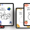 Digital fruit coloring pages for kids displayed on tablets featuring cherry, blueberry, melon, and peach activities.