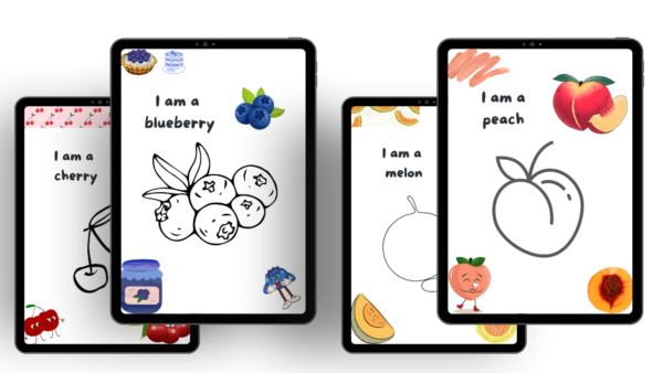 Digital fruit coloring pages for kids displayed on tablets featuring cherry, blueberry, melon, and peach activities.
