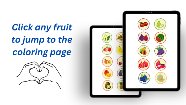Interactive PDF fruit coloring book for kids featuring clickable icons to navigate between coloring pages.
