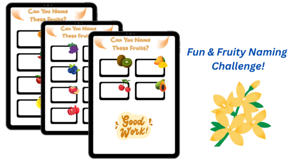Fruit naming challenge for kids, educational vocabulary game and digital activity for preschool learning.